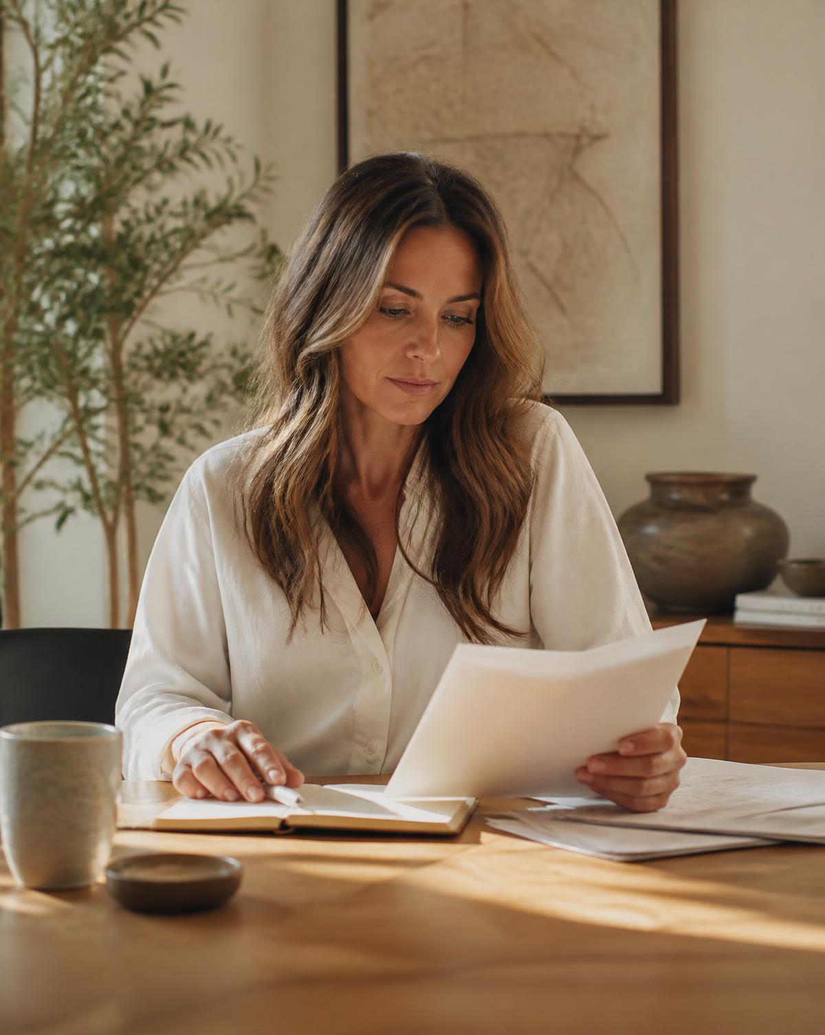 A woman reviewing personal financial paperwork at a sunlit desk